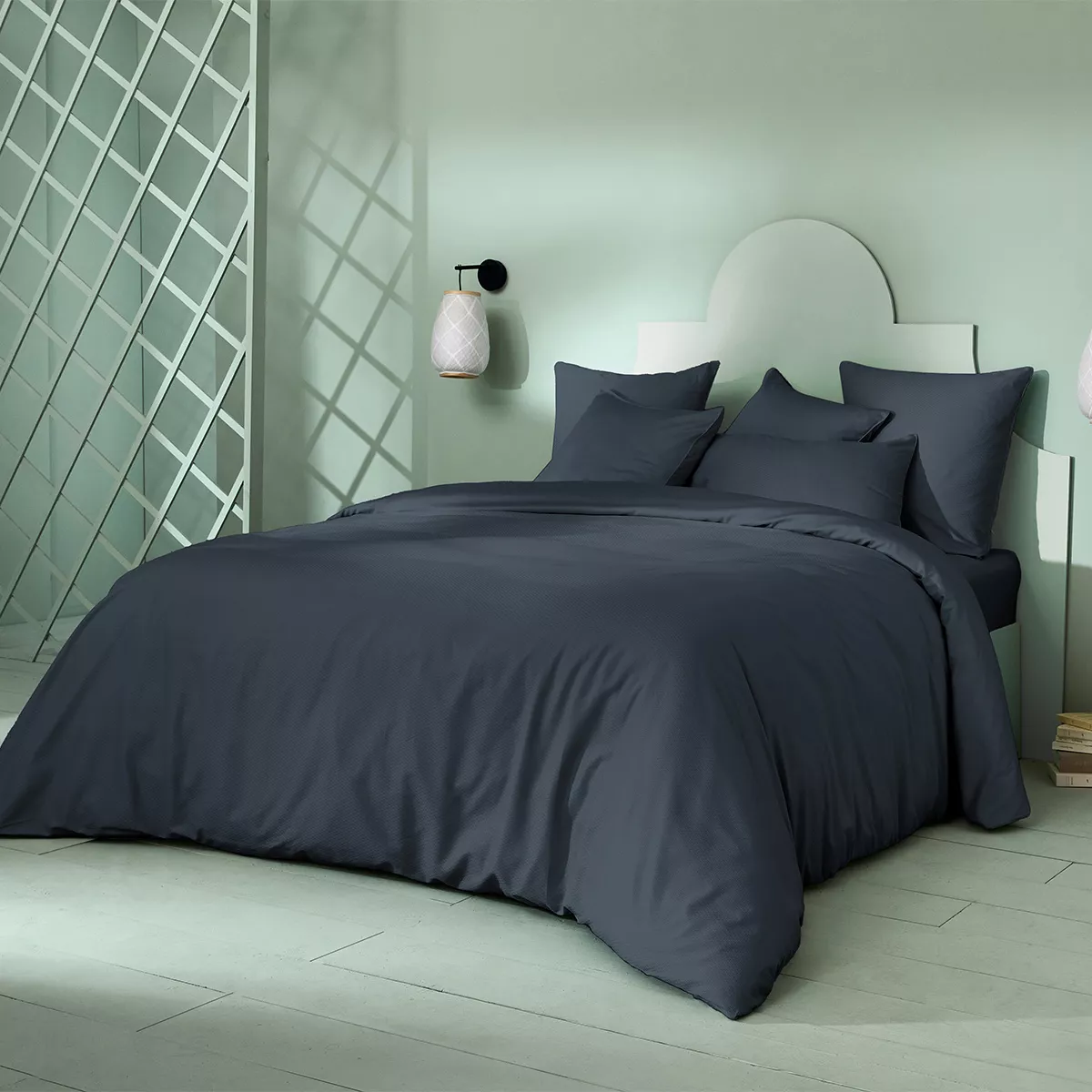 Bettbezug baumwollsatin jacquard-muster blau Vibrato bleu nuit