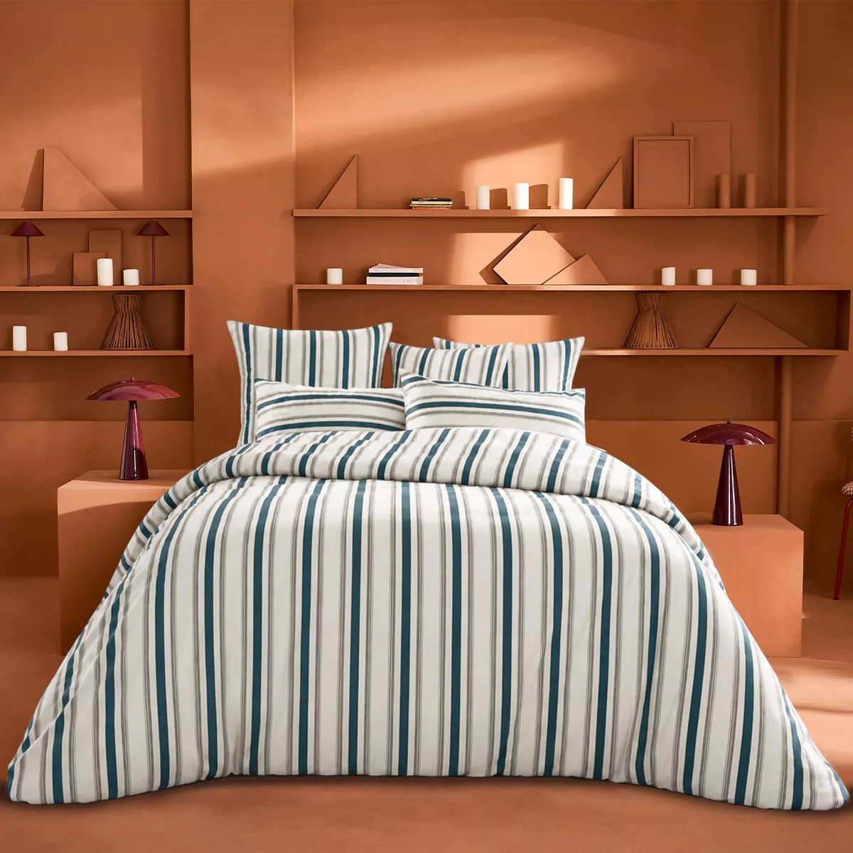 Lot h.couette +taies satin de coton imprimé beige marine Etretat marine