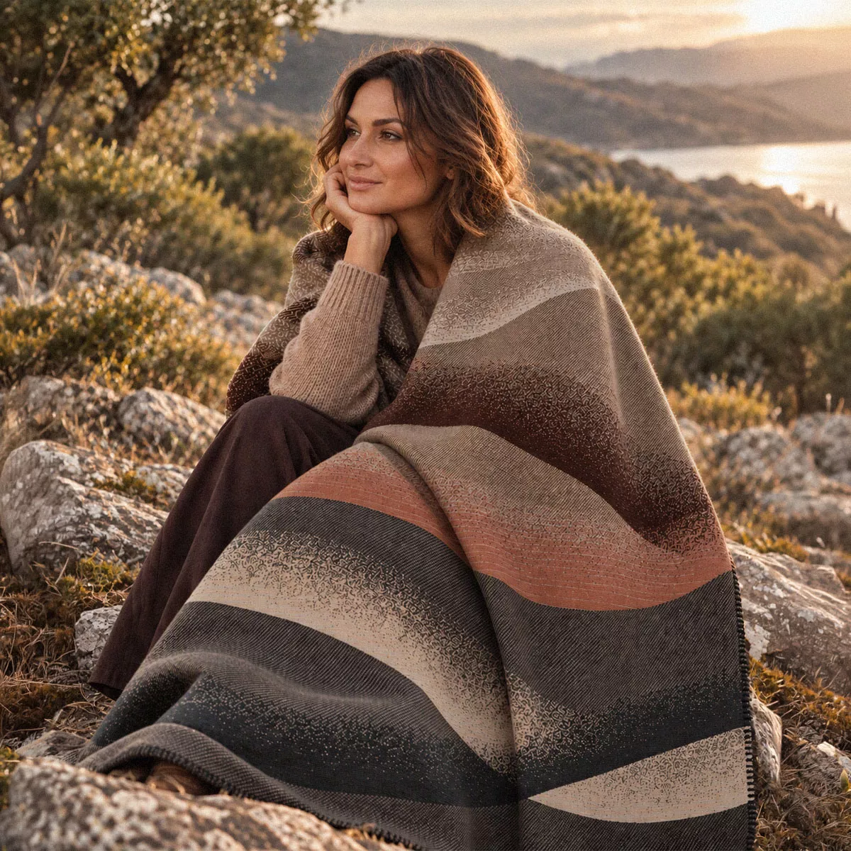 Plaid coton mélangé 415 g/m² motif jacquard gris orange Sea waves brique