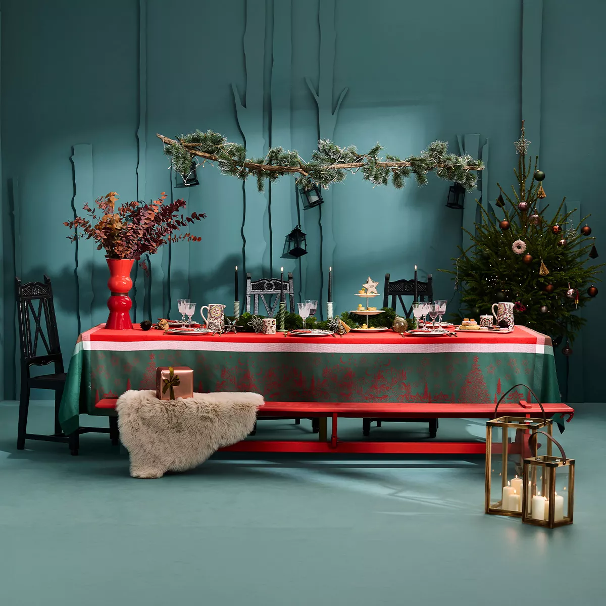 Tischdecke reine baumwolle fleckenschutz 220 g/m² jacquard-muster rot grün Noel magique houx