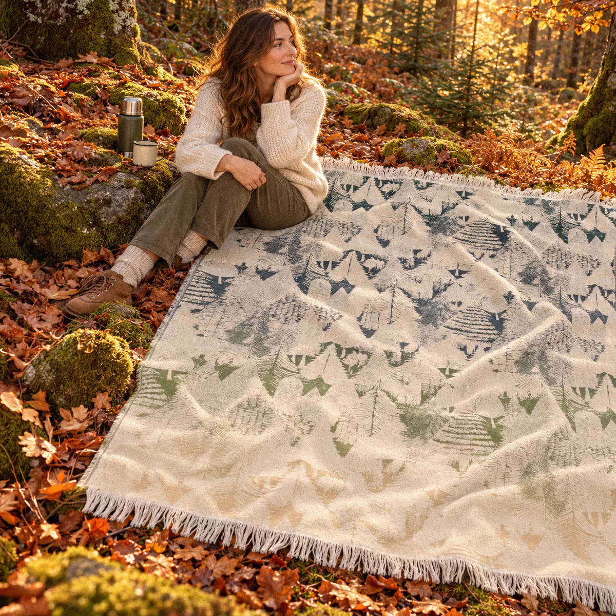 Jete de canape pur coton 420 g/m² motif jacquard vert ecru Foret de neige sapin