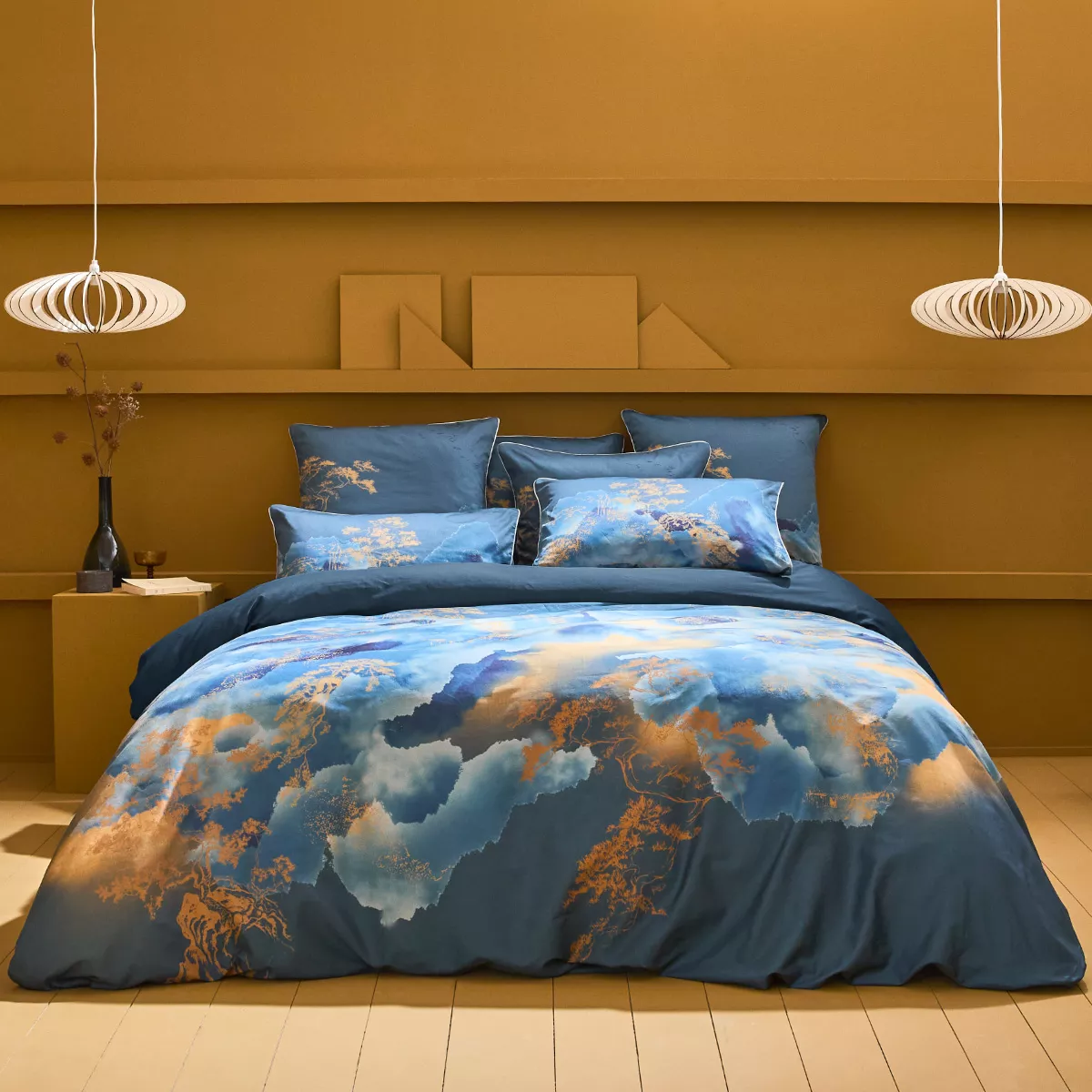 Bettbezug baumwollsatin bedruckt blau gold Fuji nocturne