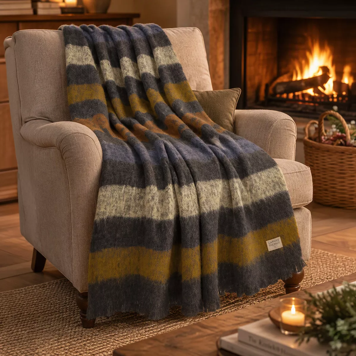 Plaid wolle & andere fasern 200 g/m² jacquard-muster orange anthrazit Mohaira shetland onyx